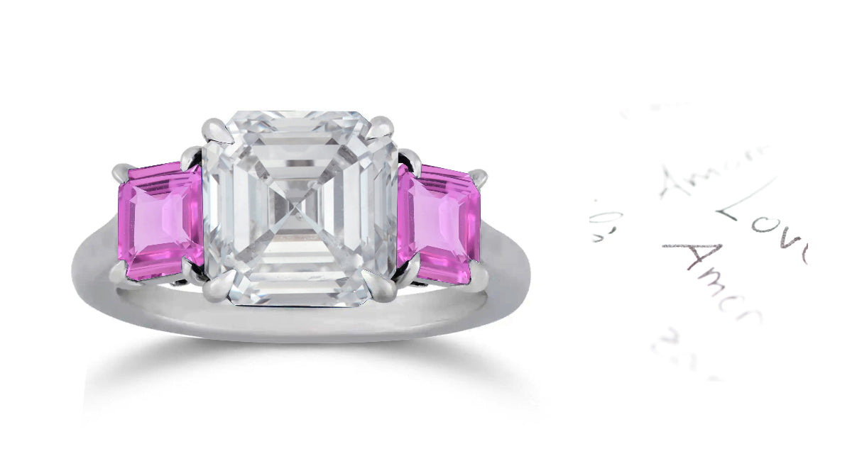 281 custom made unique asscher cut diamond center stone and pinke sapphire accent three stone engagement ring