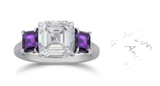 281 custom made unique asscher cut diamond center stone and purple sapphire accent three stone engagement ring