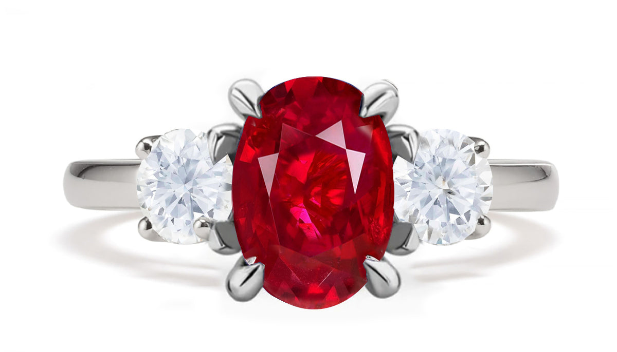 289 custom made unique oval ruby center stone and round diamond accent three stone engagement ring