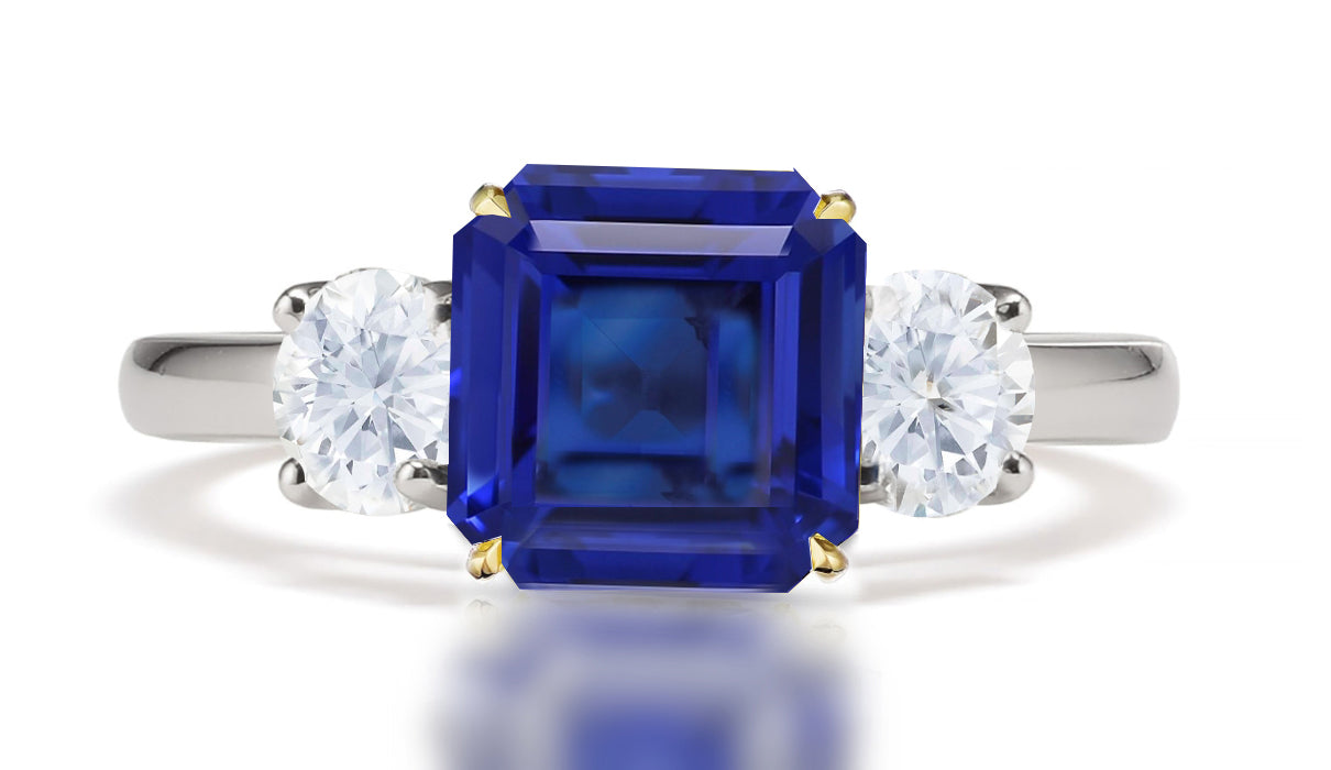 291 custom made unique square blue sapphire center stone and round diamond accent three stone engagement ring