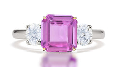 291 custom made unique square pink sapphire center stone and round diamond accent three stone engagement ring