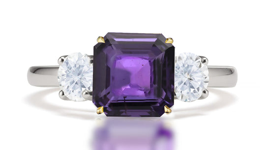 291 custom made unique square purple sapphire center stone and round diamond accent three stone engagement ring