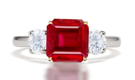 291 custom made unique square ruby center stone and round diamond accent three stone engagement ring