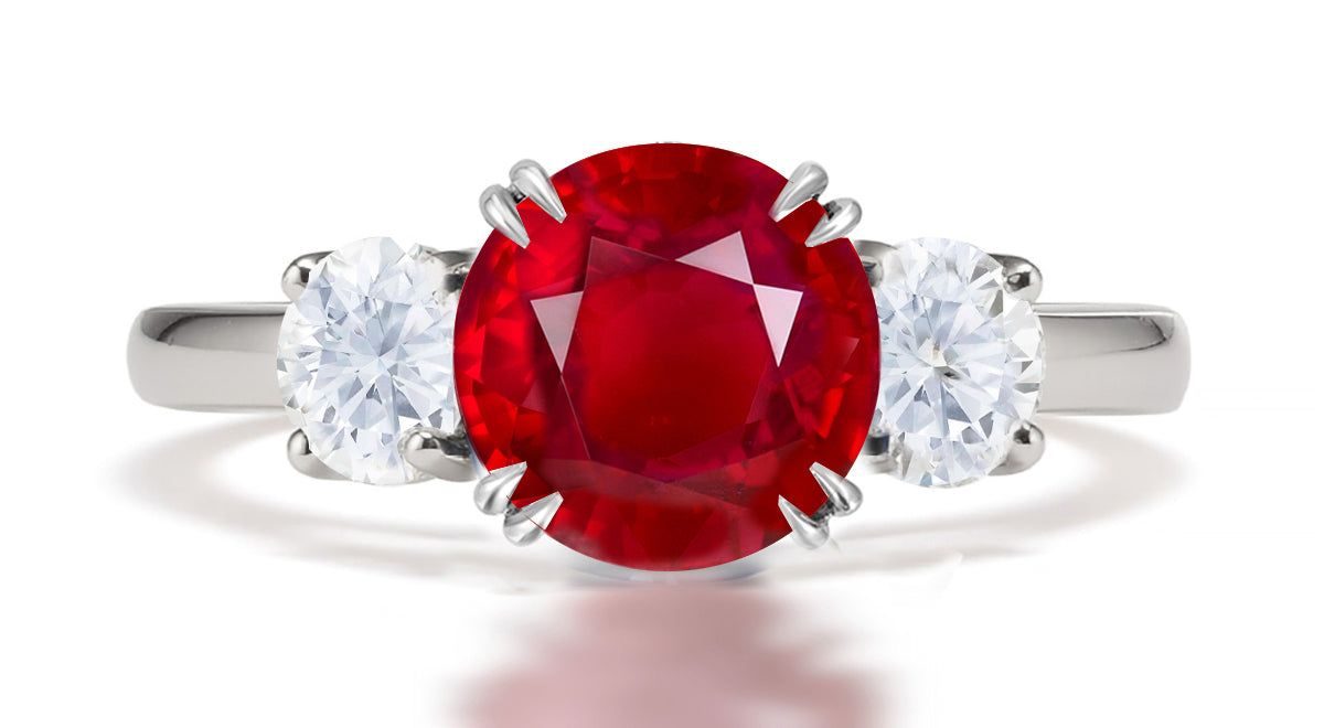 292 custom made unique round ruby center stone and round diamond accent three stone engagement ring