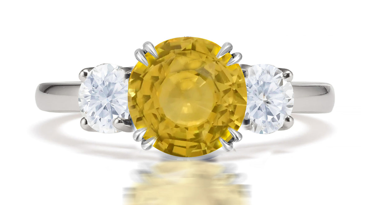 292 custom made unique round yellow sapphire center stone and round diamond accent three stone engagement ring