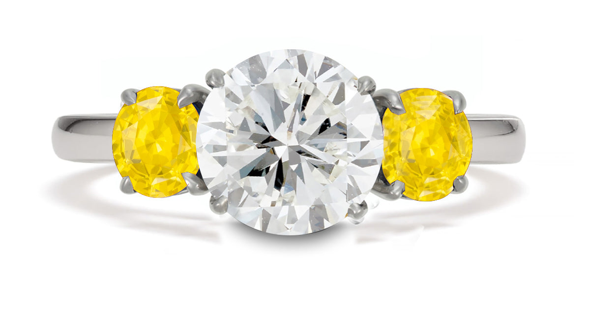 293 custom made unique round diamond center stone and round yellow sapphire accent three stone engagement ring