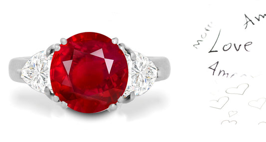 297 custom made unique round ruby center stone and heart diamond accent three stone engagement ring