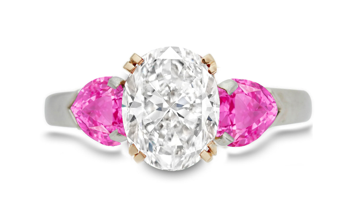 299 Ring Issue 299 custom made unique oval diamond center stone and heart pink sapphi ...