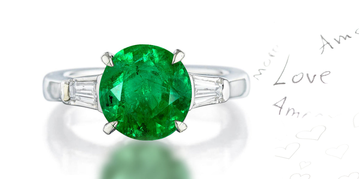 302 custom made unique round emerald center stone and baguette diamond accent three stone engagement ring