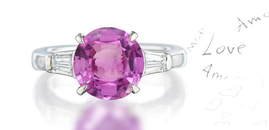 302 custom made unique round pink sapphire center stone and baguette diamond accent three stone engagement ring