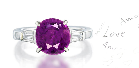 302 custom made unique round purple sapphire center stone and baguette diamond accent three stone engagement ring