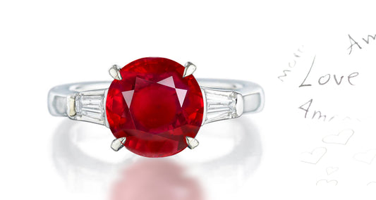 302 custom made unique round ruby center stone and baguette diamond accent three stone engagement ring