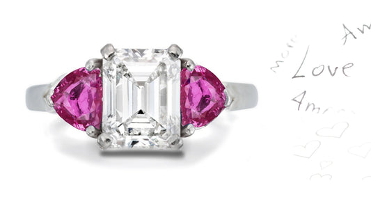 303 custom made unique emerald cut diamond center stone and heart pink sapphire accent three stone engagement ring