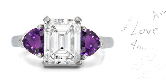 303 custom made unique emerald cut diamond center stone and heart purple sapphire accent three stone engagement ring