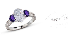 305 custom made unique oval diamond center stone and oval purple sapphire accent three stone engagement ring