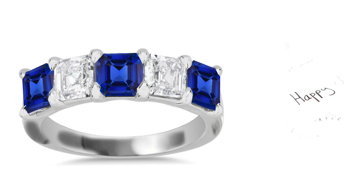 308 custom made unique asscher cut blue sapphire diamond five stone anniversary ring