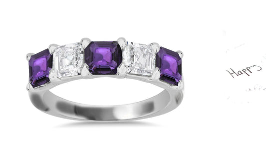 308 custom made unique asscher cut purple sapphire diamond five stone anniversary ring