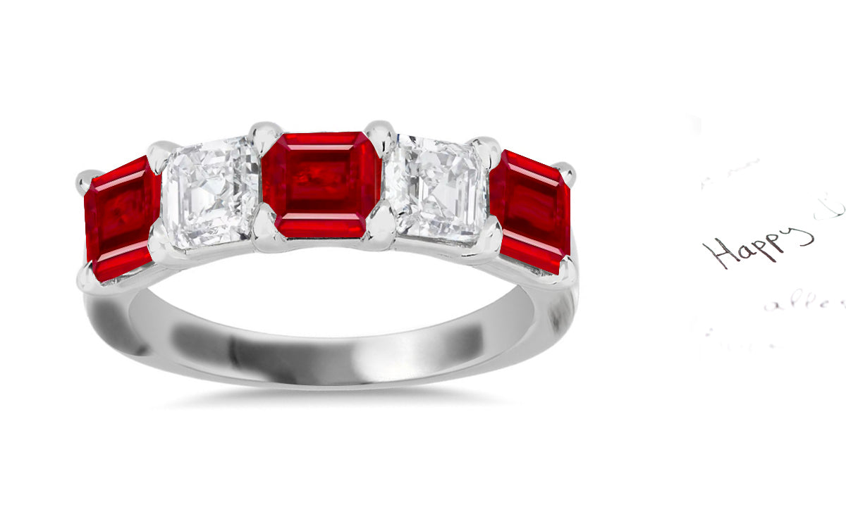 308 custom made unique asscher cut ruby diamond five stone anniversary ring