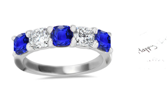 309 custom made unique cushion cut blue sapphire and diamond five stone anniversary ring