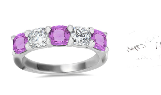 309 custom made unique cushion cut pink sapphire and diamond five stone anniversary ring