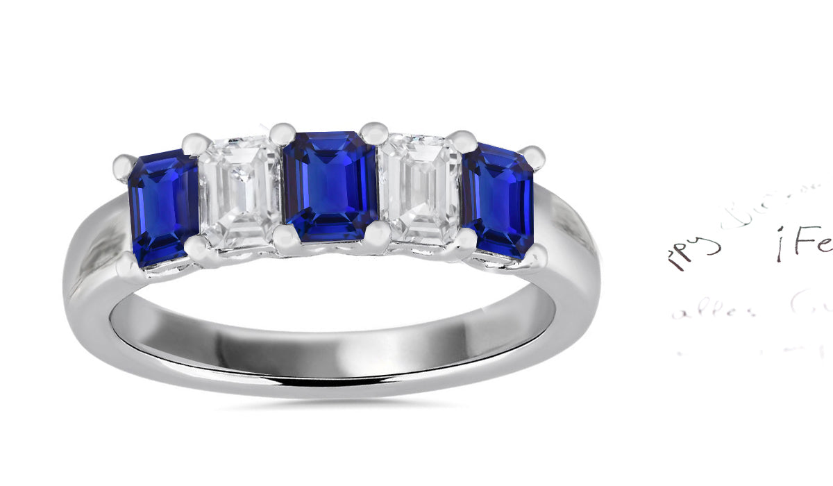 310 custom made unique emerald cut blue sapphire and diamond five stone anniversary ring