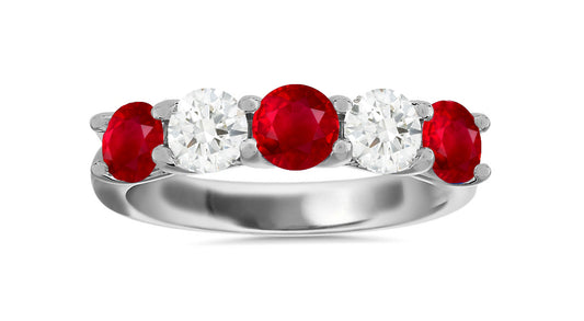 312 custom made unique round ruby and diamond five stone anniversary ring