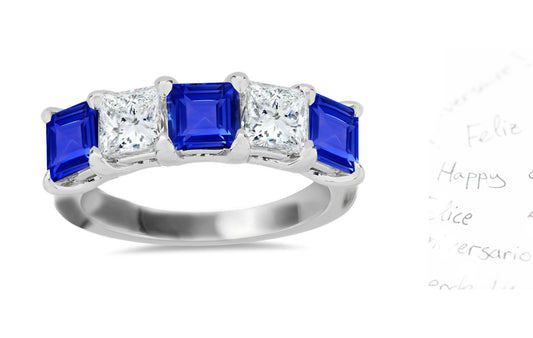313 custom made unique square blue sapphire and diamond five stone anniversary ring