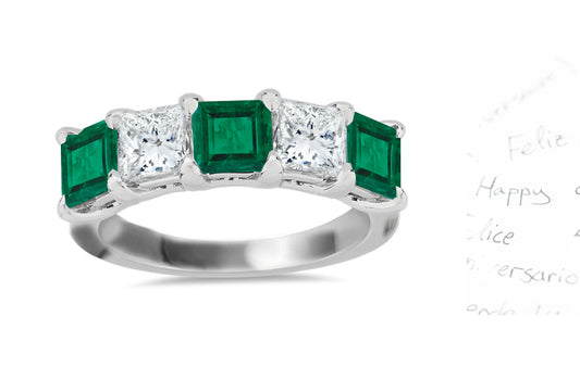 313 custom made unique square emerald and diamond five stone anniversary ring