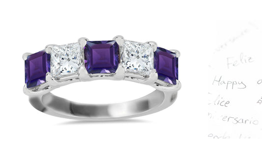 313 custom made unique square purple sapphire and diamond five stone anniversary ring