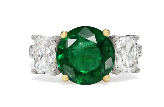 314 custom made unique round emerald center stone and asscher cut diamond accent three stone engagement ring