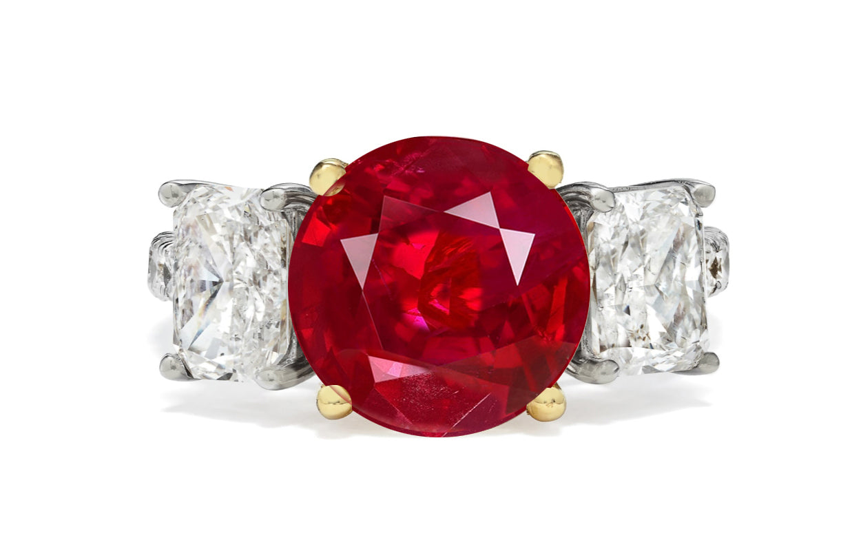 314 custom made unique round ruby center stone and asscher cut diamond accent three stone engagement ring