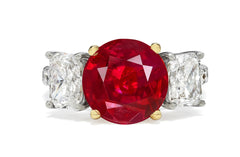 314 custom made unique round ruby center stone and asscher cut diamond accent three stone engagement ring