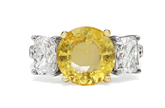 314 custom made unique round yellow sapphire center stone and asscher cut diamond accent three stone engagement ring