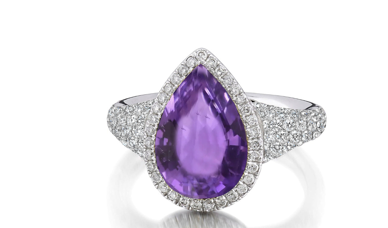 315 custom made unique pears purple sapphire center stone and diamond halo accent engagement ring