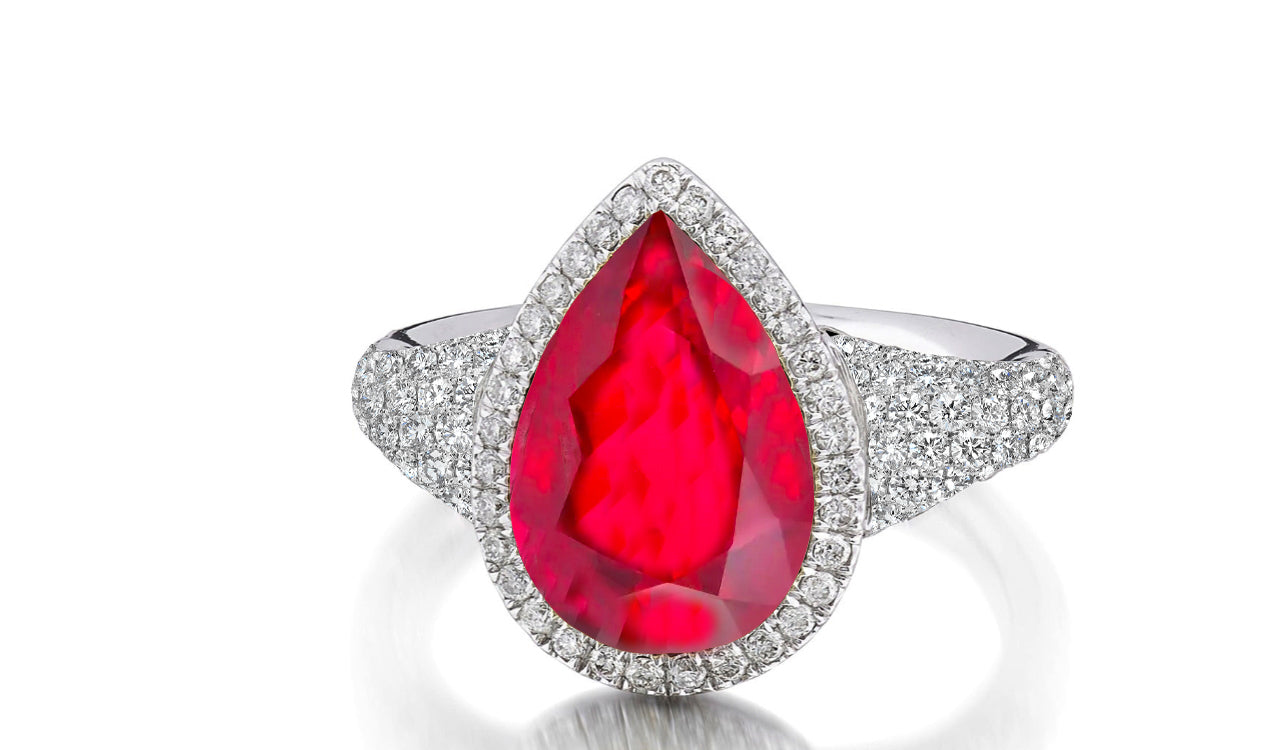 315 custom made unique pears ruby center stone and diamond halo accent engagement ring