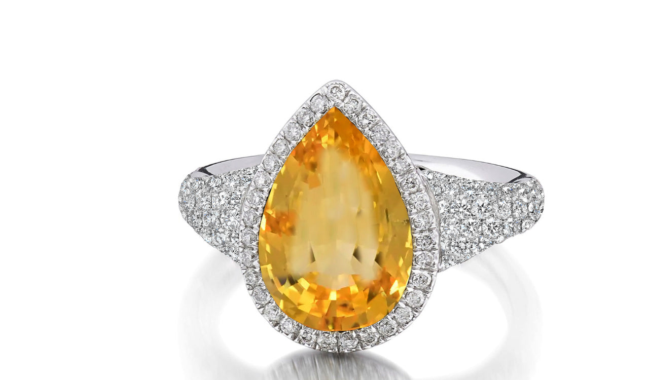 315 custom made unique pears yellow sapphire center stone and diamond halo accent engagement ring