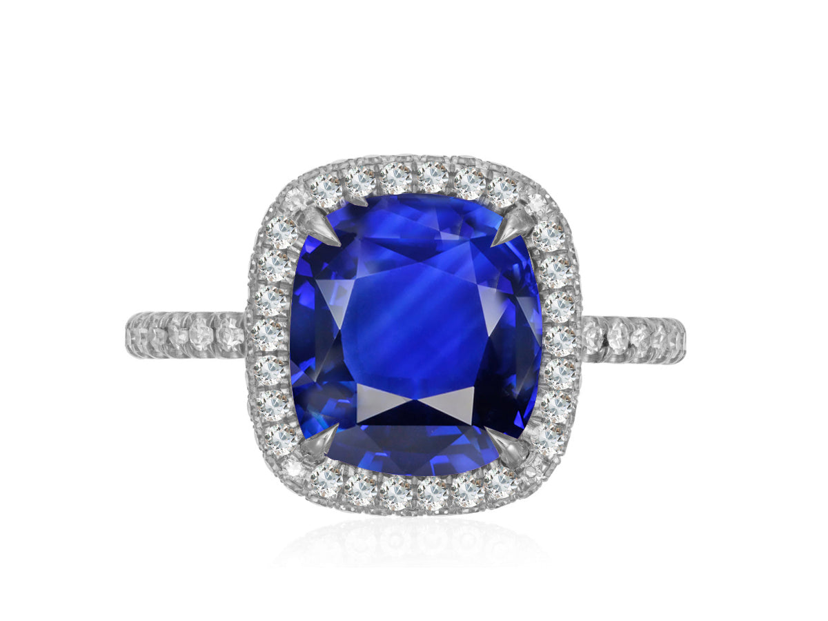 316 custom made unique cushion cut blue sapphire center stone and diamond halo accent engagement ring