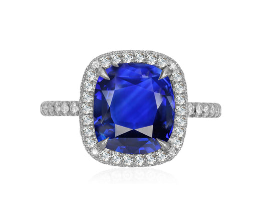 316 custom made unique cushion cut blue sapphire center stone and diamond halo accent engagement ring