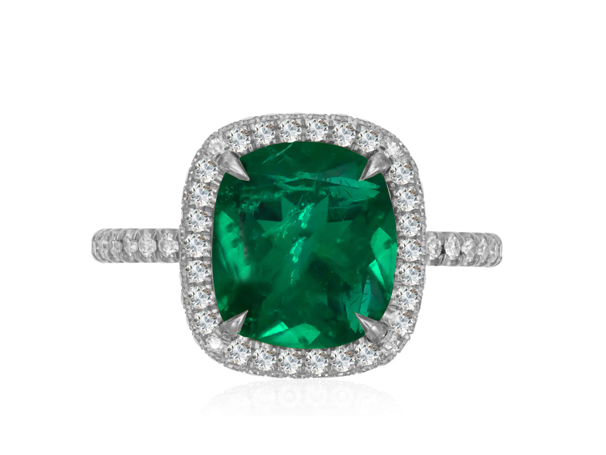 316 custom made unique cushion cut emerald center stone and diamond halo accent engagement ring