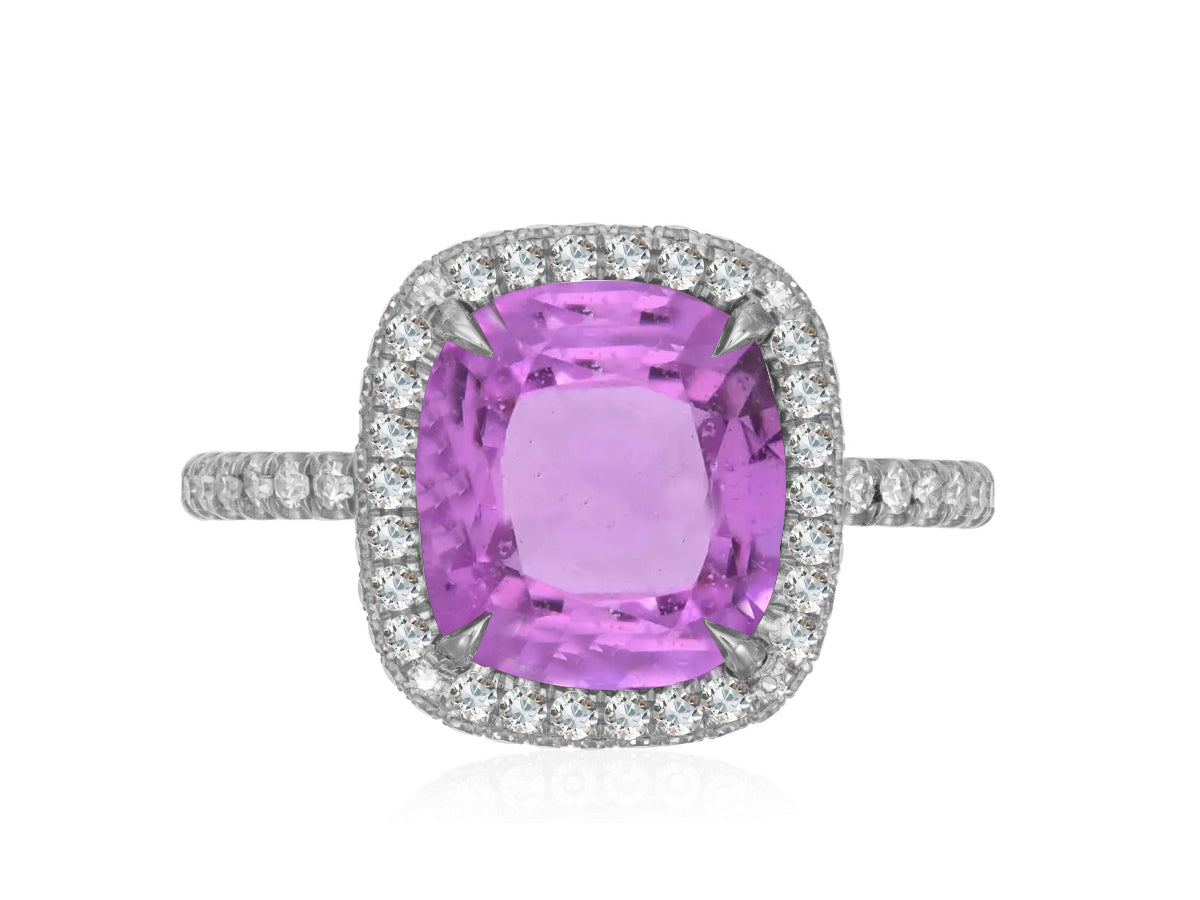 316 custom made unique cushion cut pink sapphire center stone and diamond halo accent engagement ring