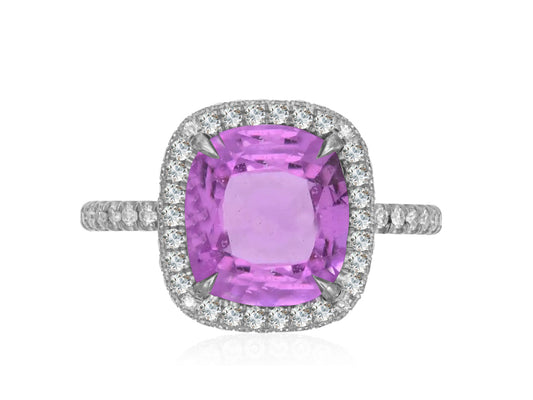 316 custom made unique cushion cut pink sapphire center stone and diamond halo accent engagement ring