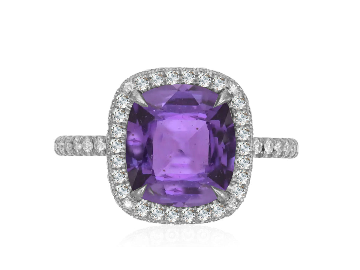 316 custom made unique cushion cut purple sapphire center stone and diamond halo accent engagement ring