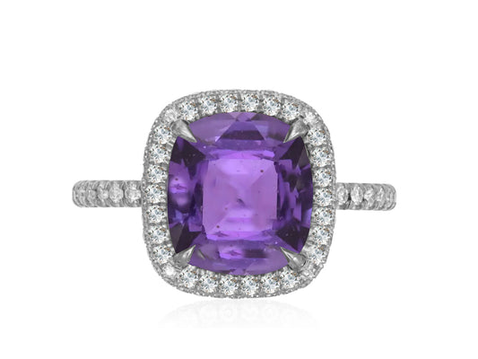 316 custom made unique cushion cut purple sapphire center stone and diamond halo accent engagement ring