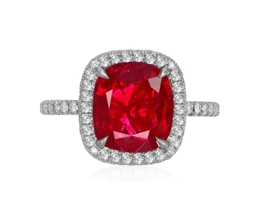 316 custom made unique cushion cut ruby center stone and diamond halo accent engagement ring