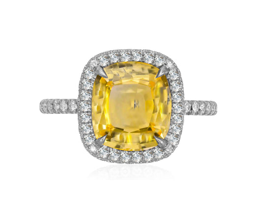 316 custom made unique cushion cut yellow sapphire center stone and diamond halo accent engagement ring