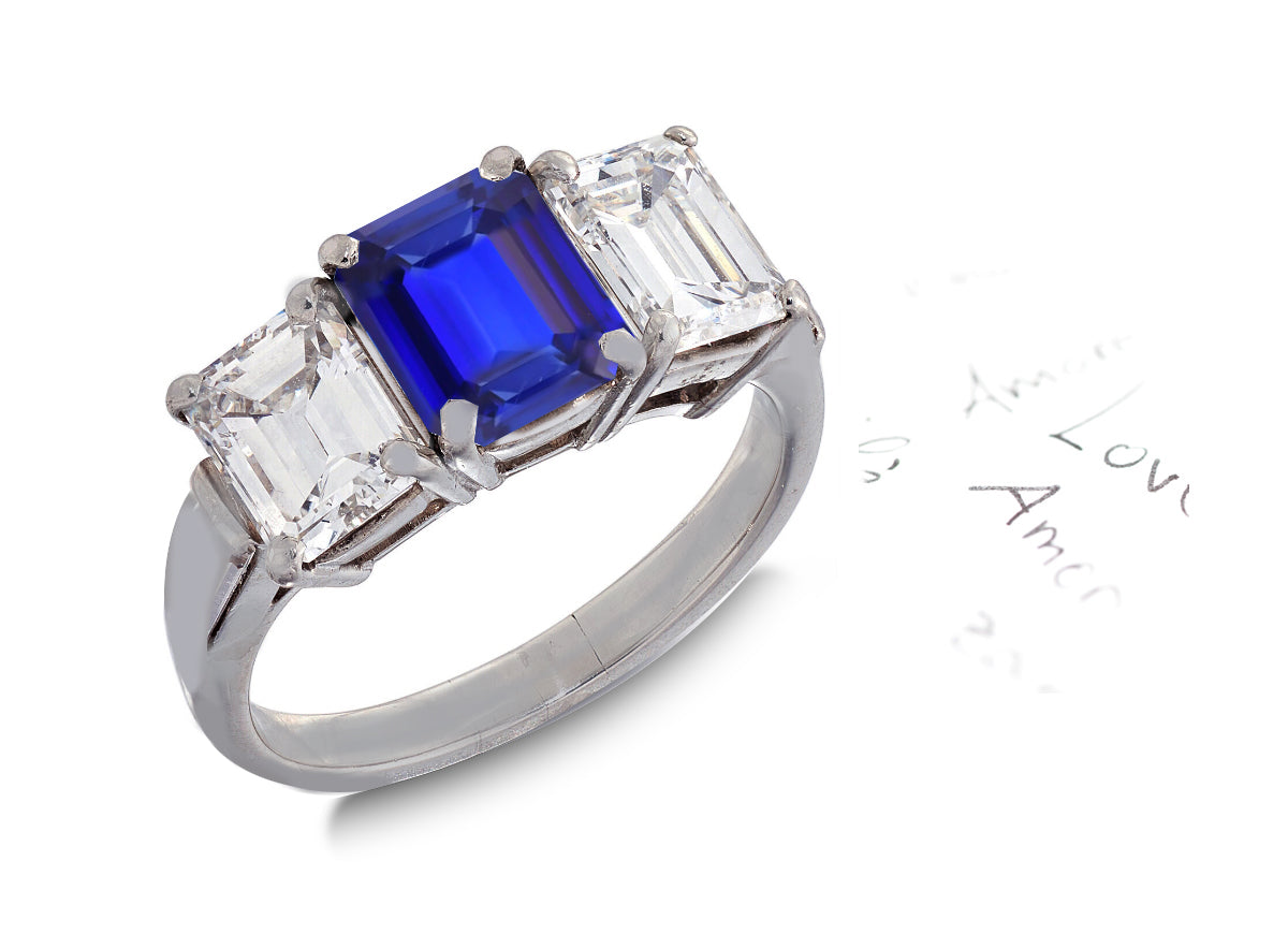 36 custom made unique emerald cut blue sapphire center stone with emerald cut diamond accents three stone engagement ring