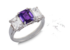 36 custom made unique emerald cut purple sapphire center stone with emerald cut diamond accents three stone engagement ring