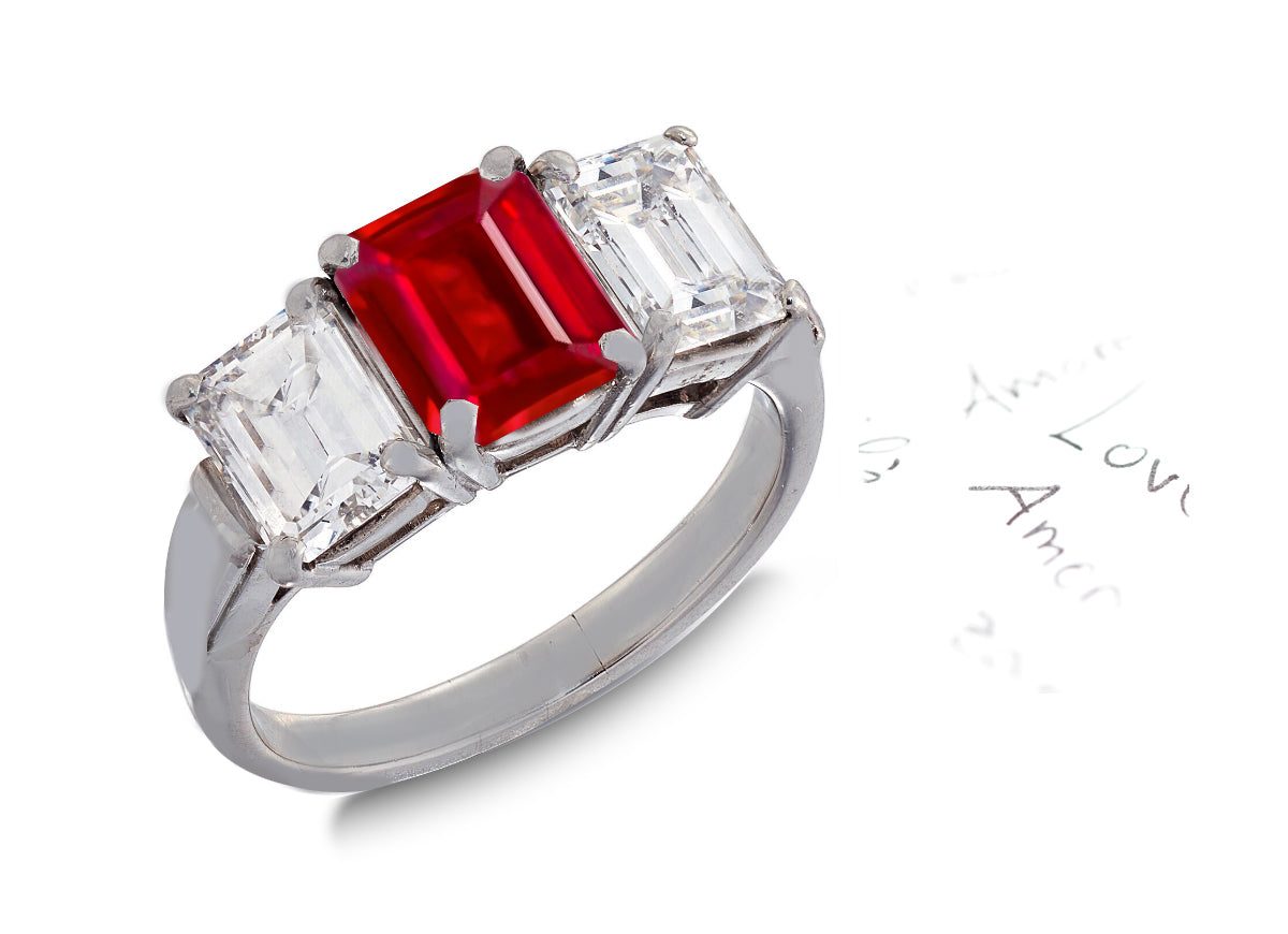 36 custom made unique emerald cut ruby center stone with emerald cut diamond accents three stone engagement ring