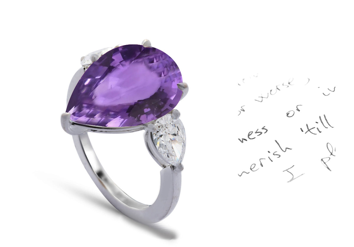 38 custom made unique pear purple sapphire center stone with pear diamond accents three stone engagement ring