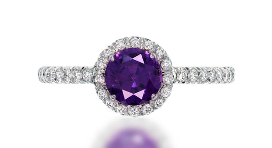 39 custom made unique round purple sapphire center stone with intricate diamond accent halo engagement ring